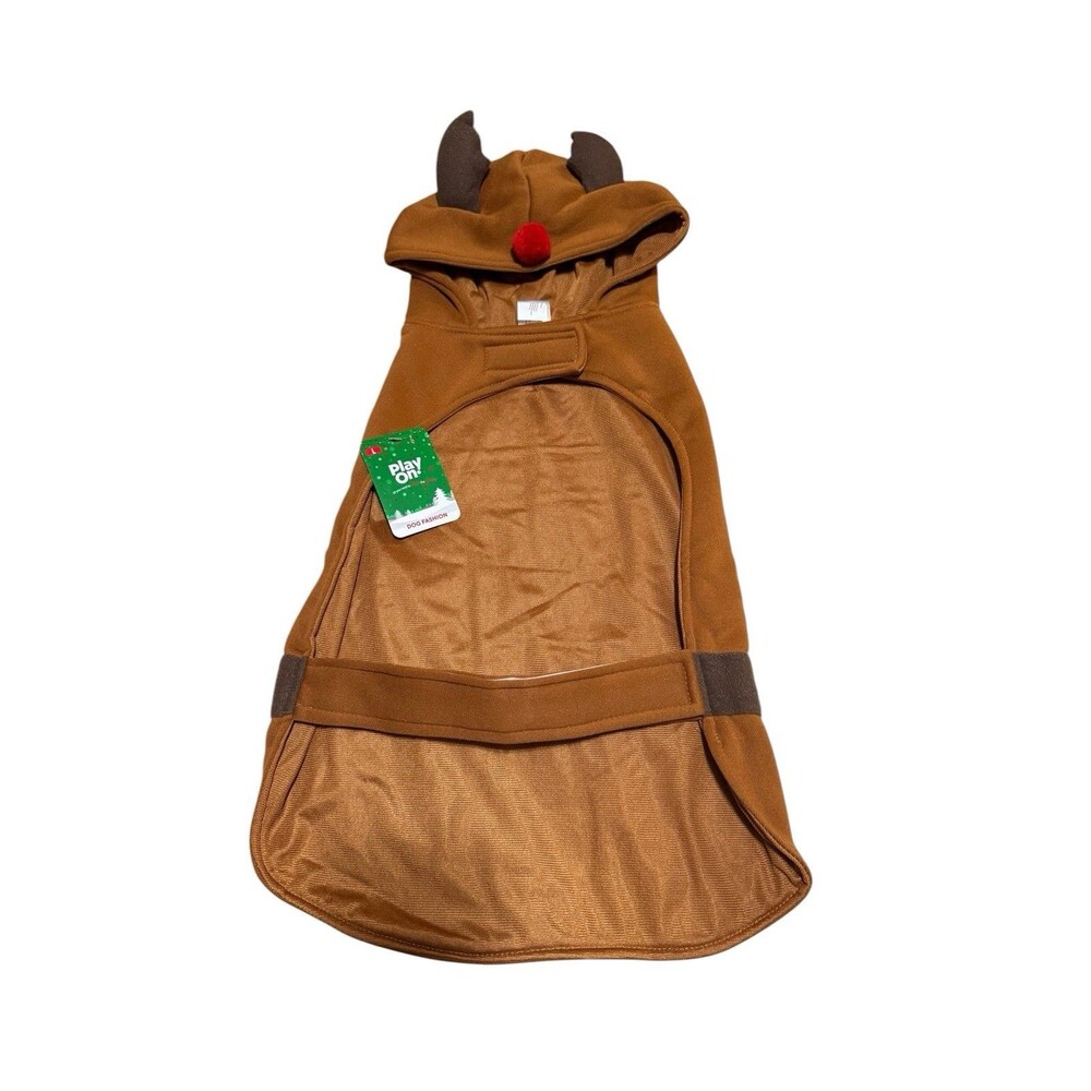 Play On Reindeer Dog Hoodie Costume Brown Holiday Pet Sweater Size L NEW